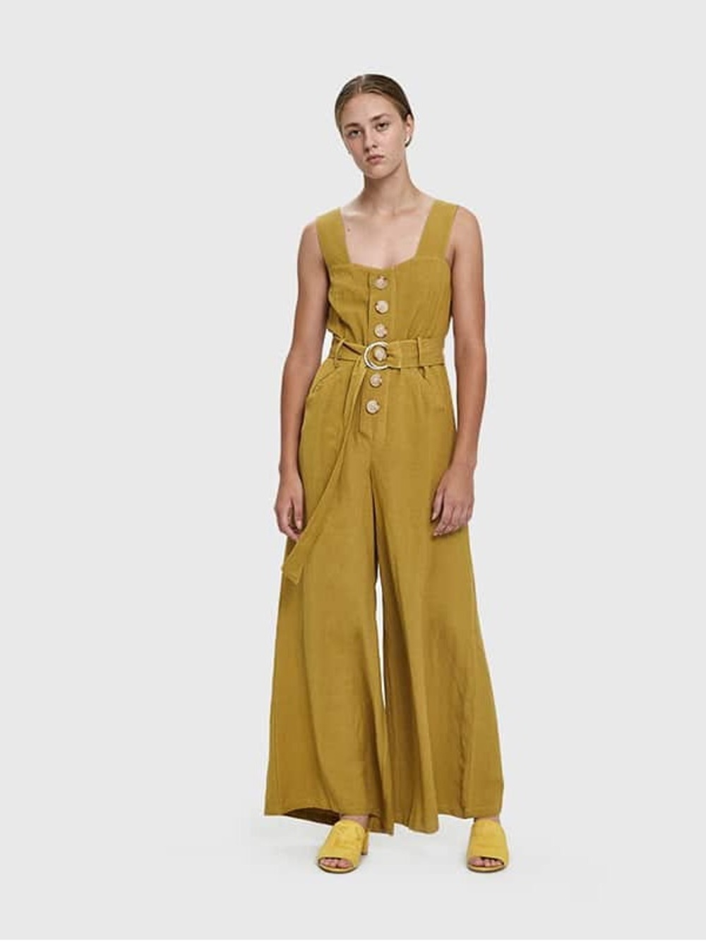 Farrow Willy Buttoned Linen Jumpsuit Mustard Medium